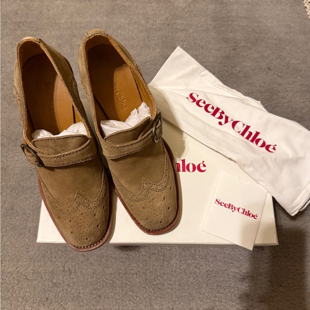 See By Chloé Brown Suede Buckle Wedges Size 37 US 7 New With Tags